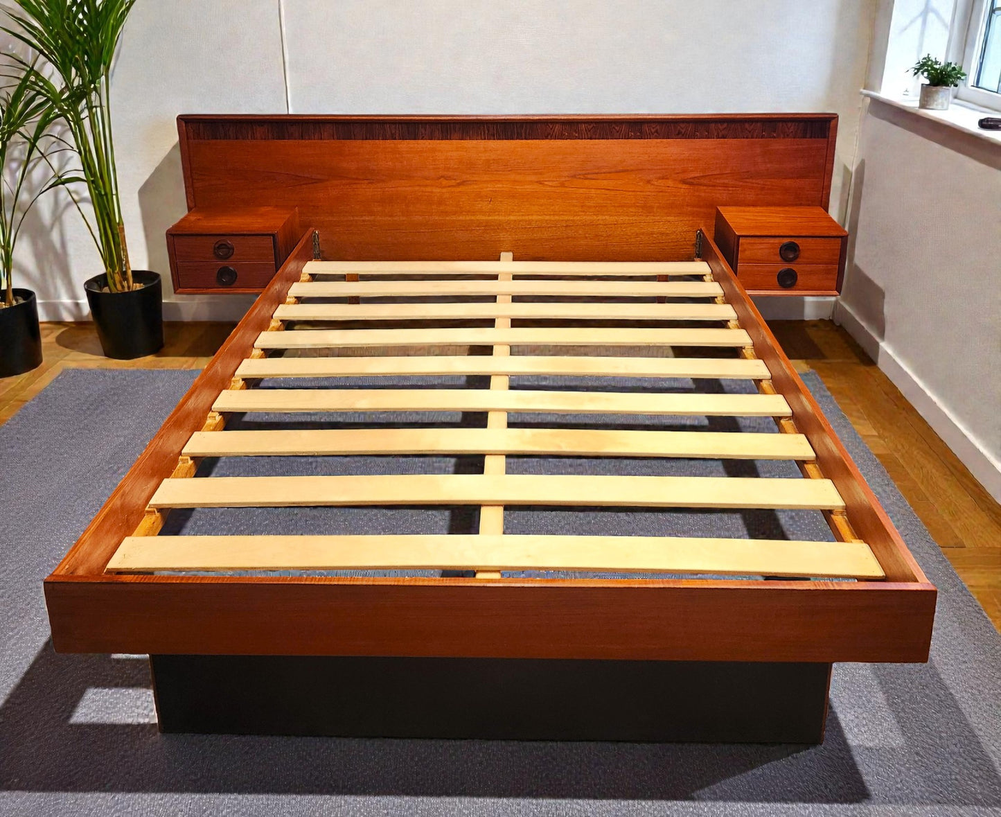 REFINISHED Mid Century Modern Teak Queen Bed w Rosewood Details