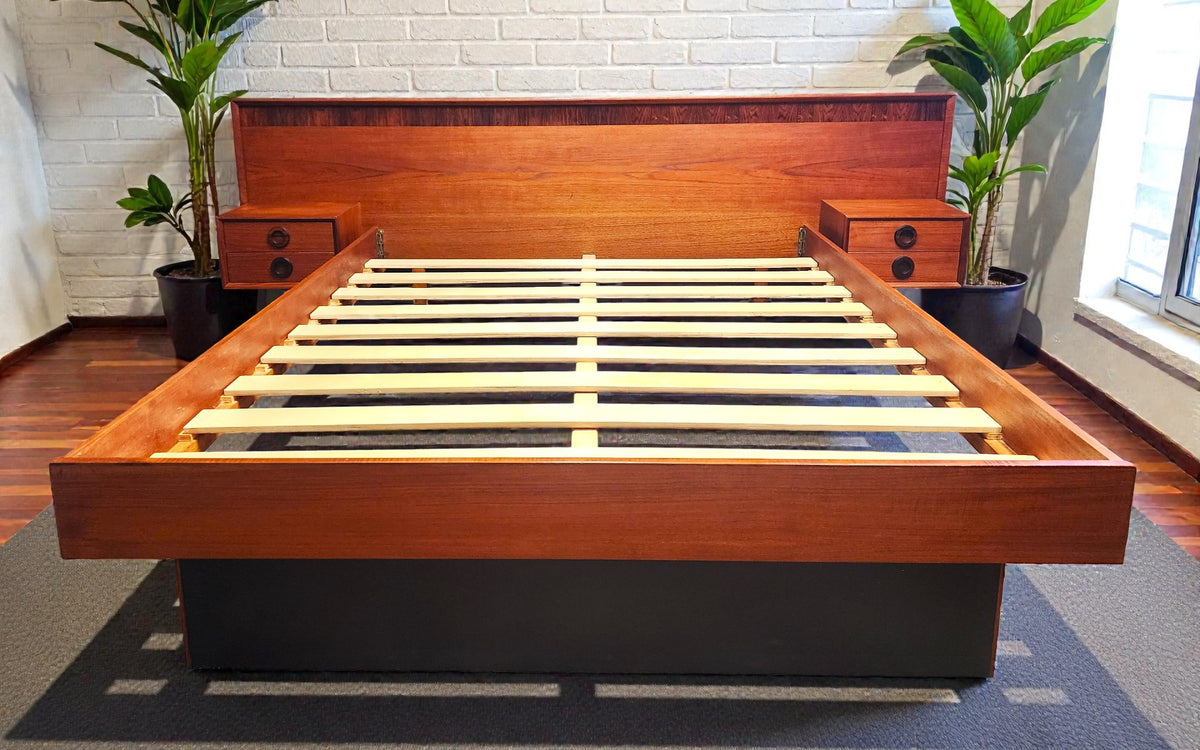REFINISHED Mid Century Modern Teak Queen Bed w Rosewood Details