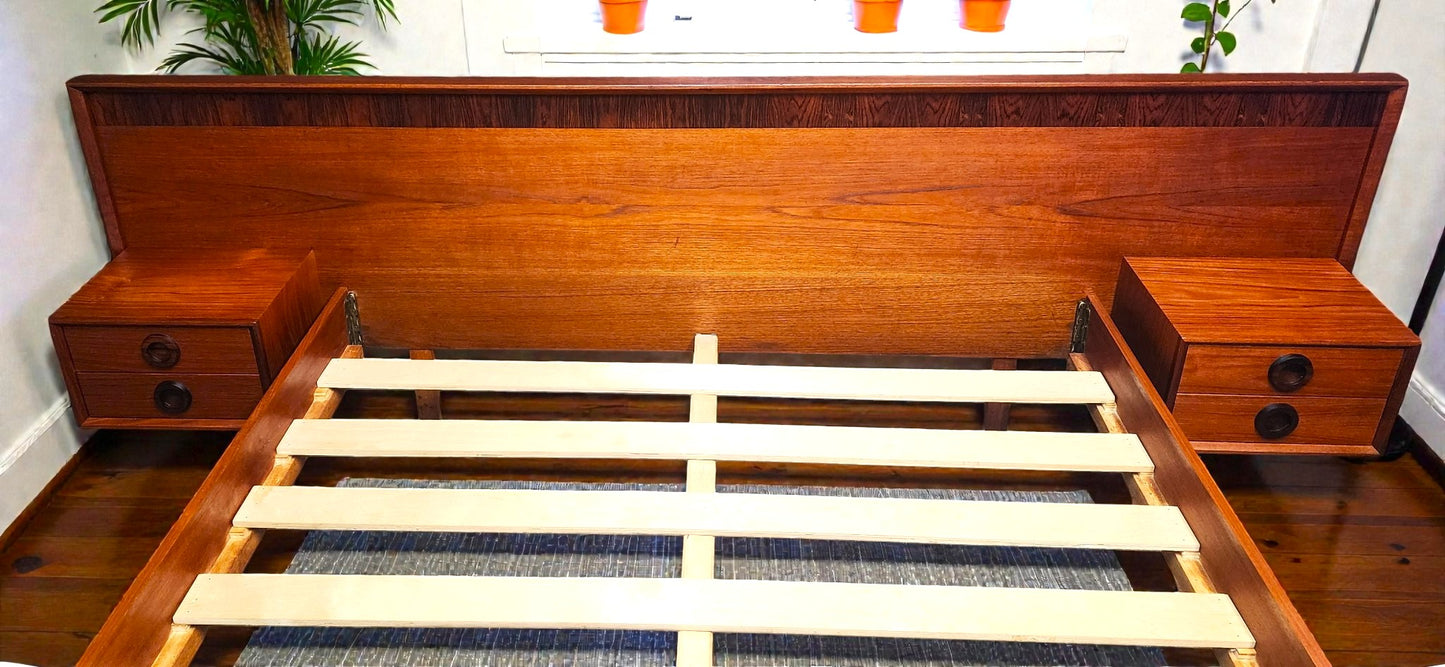 REFINISHED Mid Century Modern Teak Queen Bed w Rosewood Details