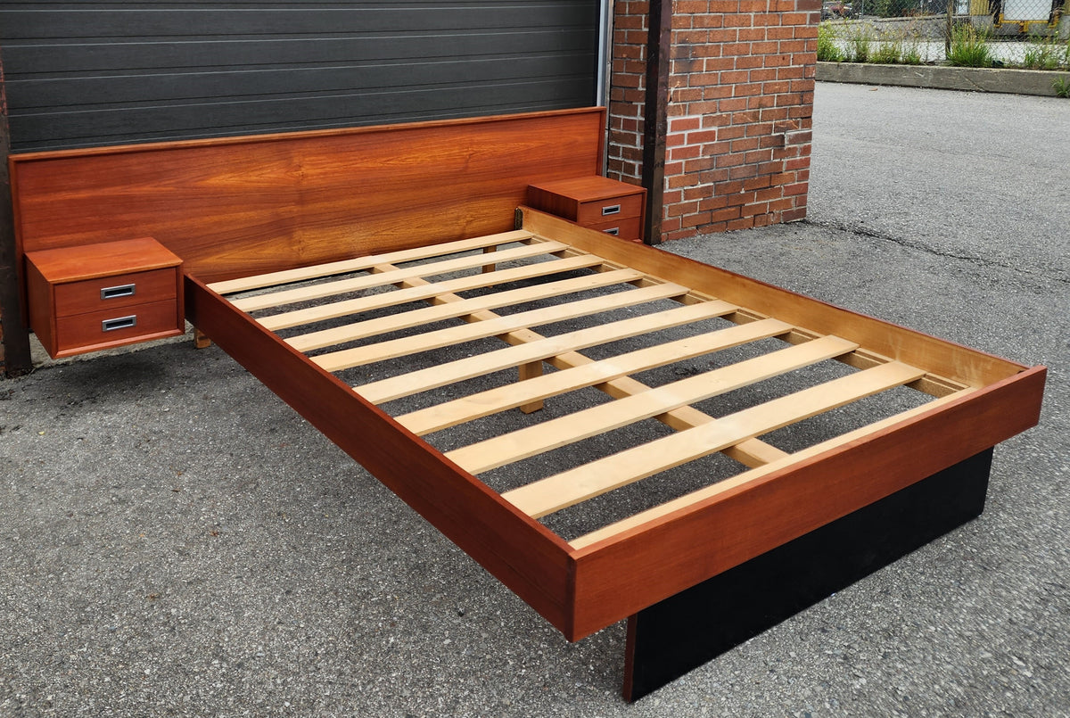 REFINISHED Mid Century Modern Teak Queen Bed w Floating Nightstands & Headboard