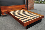 REFINISHED Mid Century Modern Teak Queen Bed w Floating Nightstands & Headboard 10