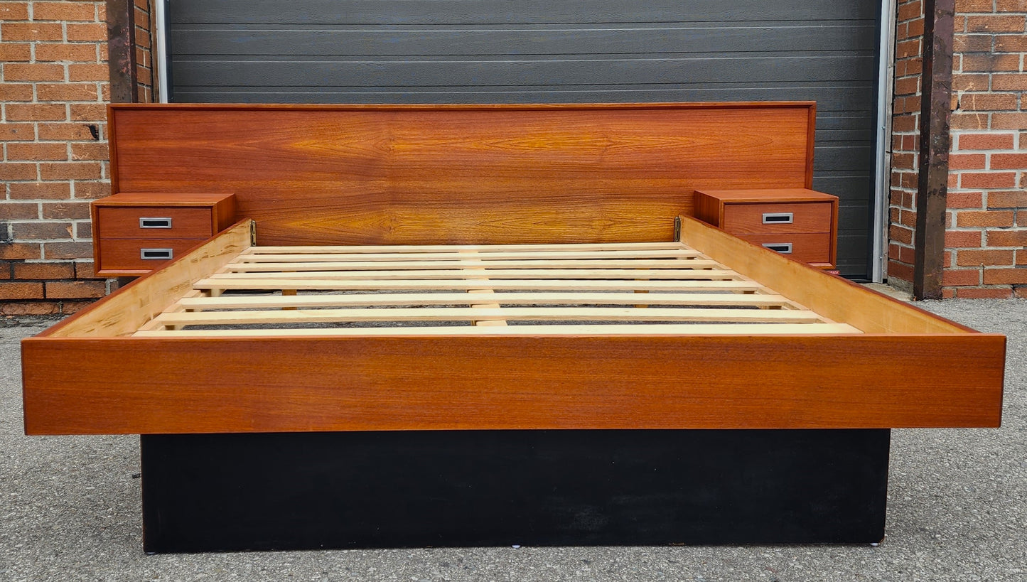 REFINISHED Mid Century Modern Teak Queen Bed w Floating Nightstands & Headboard