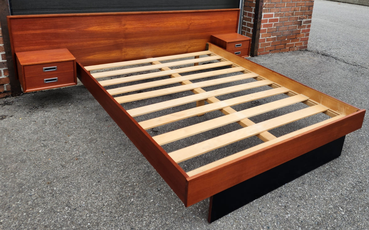 REFINISHED Mid Century Modern Teak Queen Bed w Floating Nightstands & Headboard
