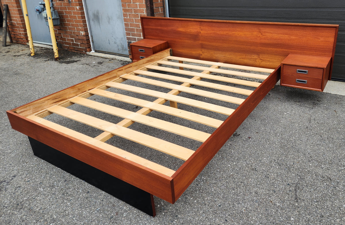 REFINISHED Mid Century Modern Teak Queen Bed w Floating Nightstands & Headboard