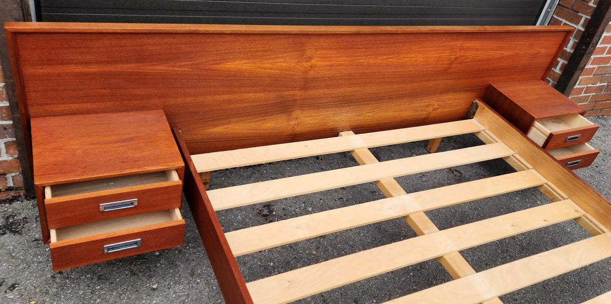 REFINISHED Mid Century Modern Teak Queen Bed w Floating Nightstands & Headboard