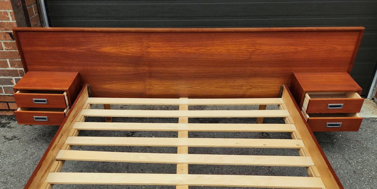 REFINISHED Mid Century Modern Teak Queen Bed w Floating Nightstands & Headboard