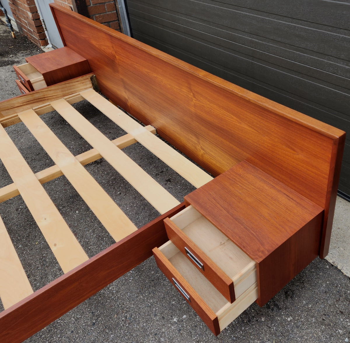 REFINISHED Mid Century Modern Teak Queen Bed w Floating Nightstands & Headboard