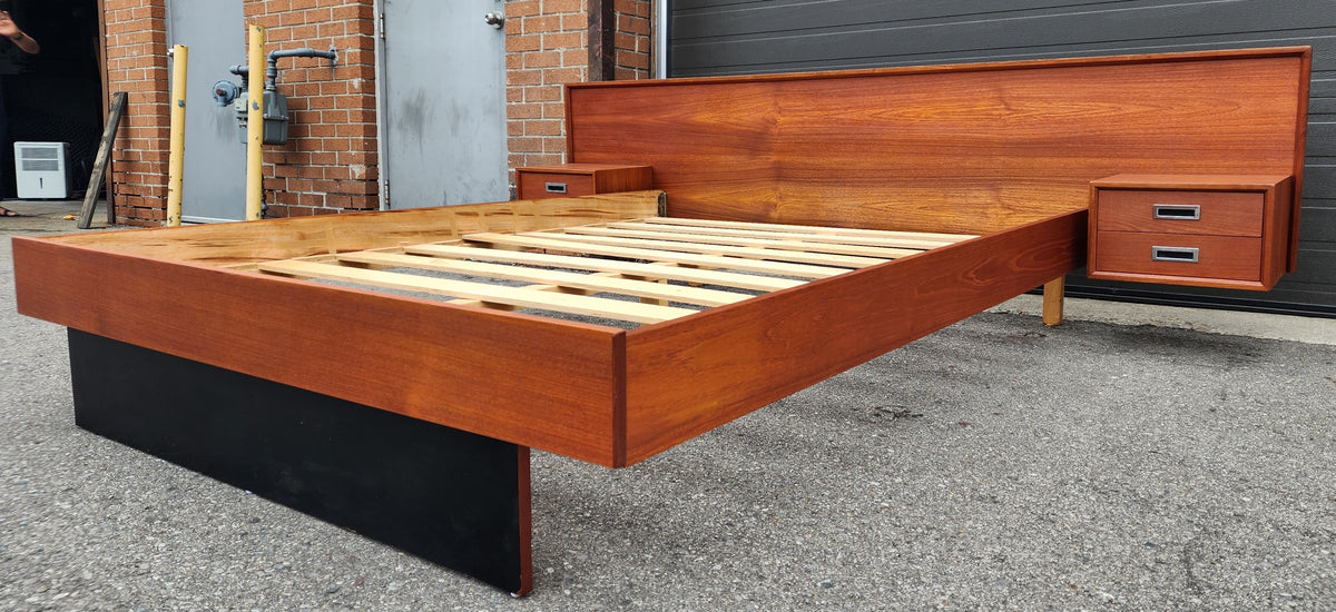 REFINISHED Mid Century Modern Teak Queen Bed w Floating Nightstands & Headboard