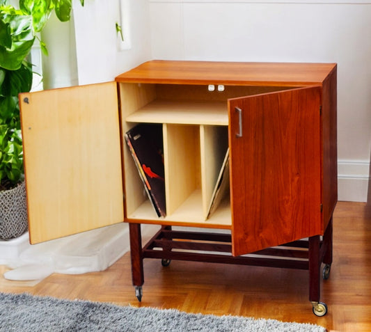 REFINISHED Swedish Mid Century Modern Teak Record Cabinet on Casters