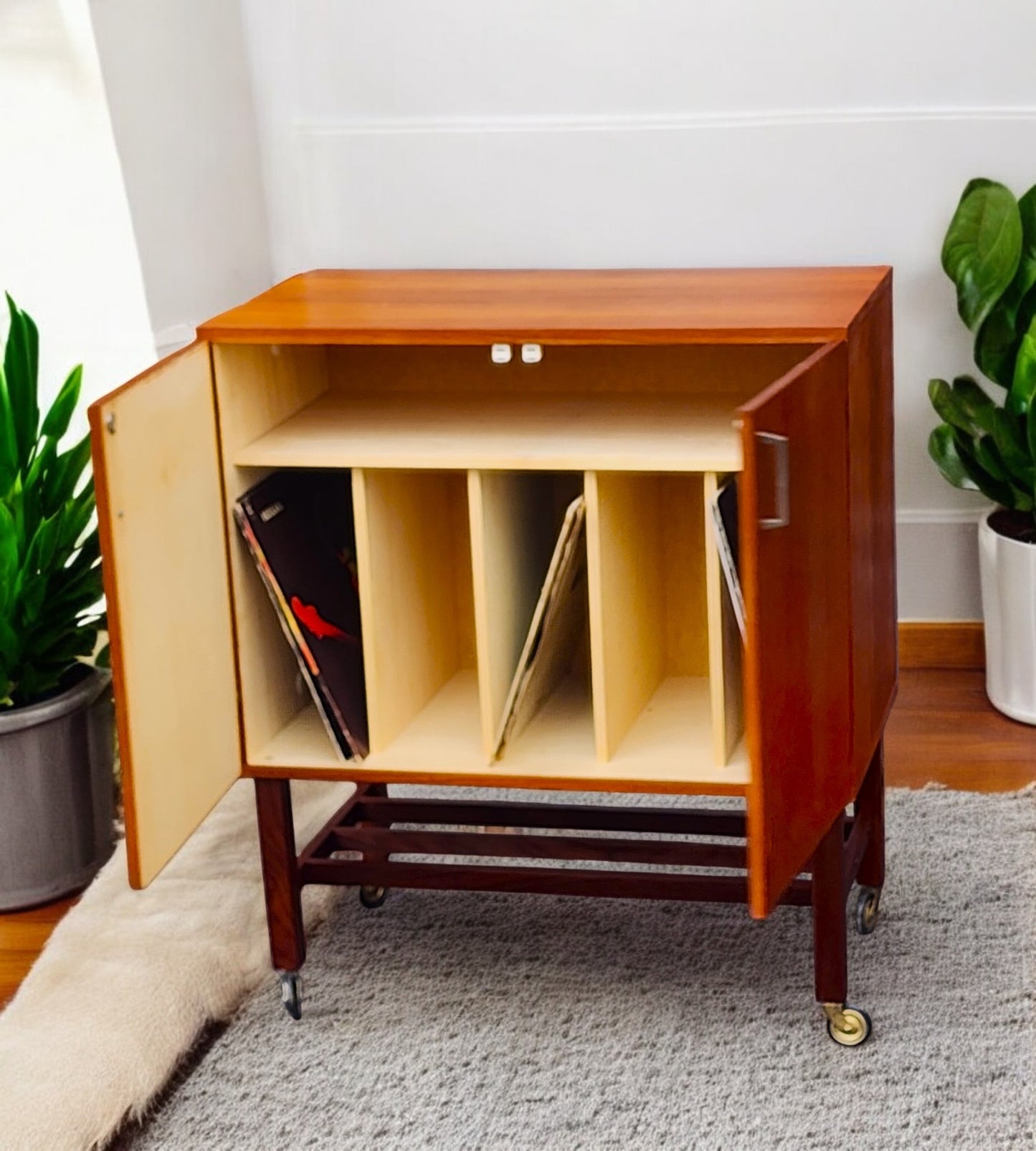 REFINISHED Swedish Mid Century Modern Teak Record Cabinet on Casters