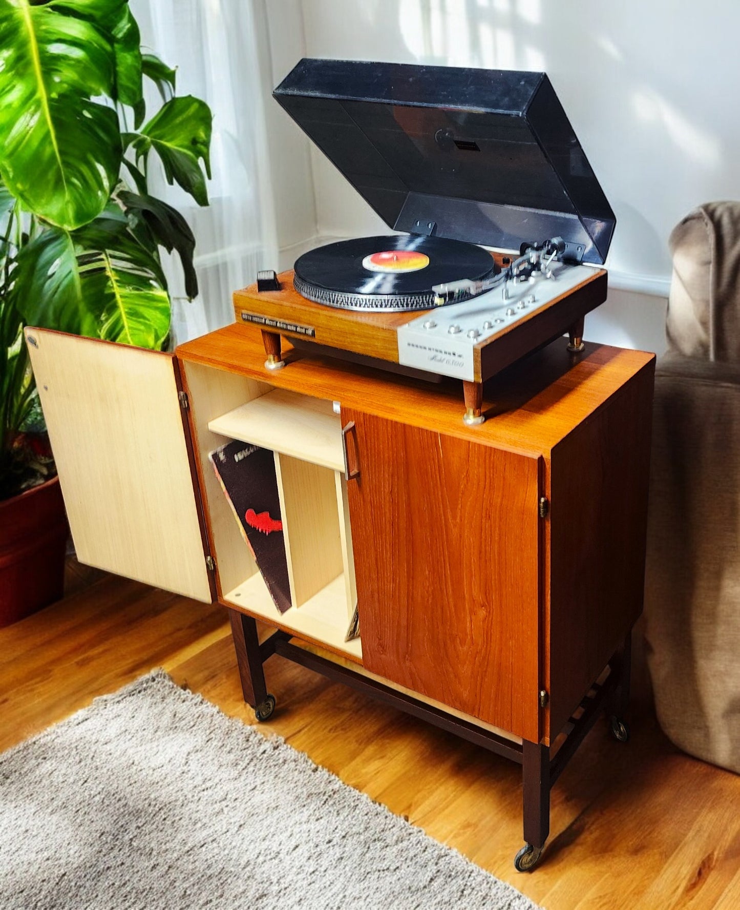 REFINISHED Swedish Mid Century Modern Teak Record Cabinet on Casters