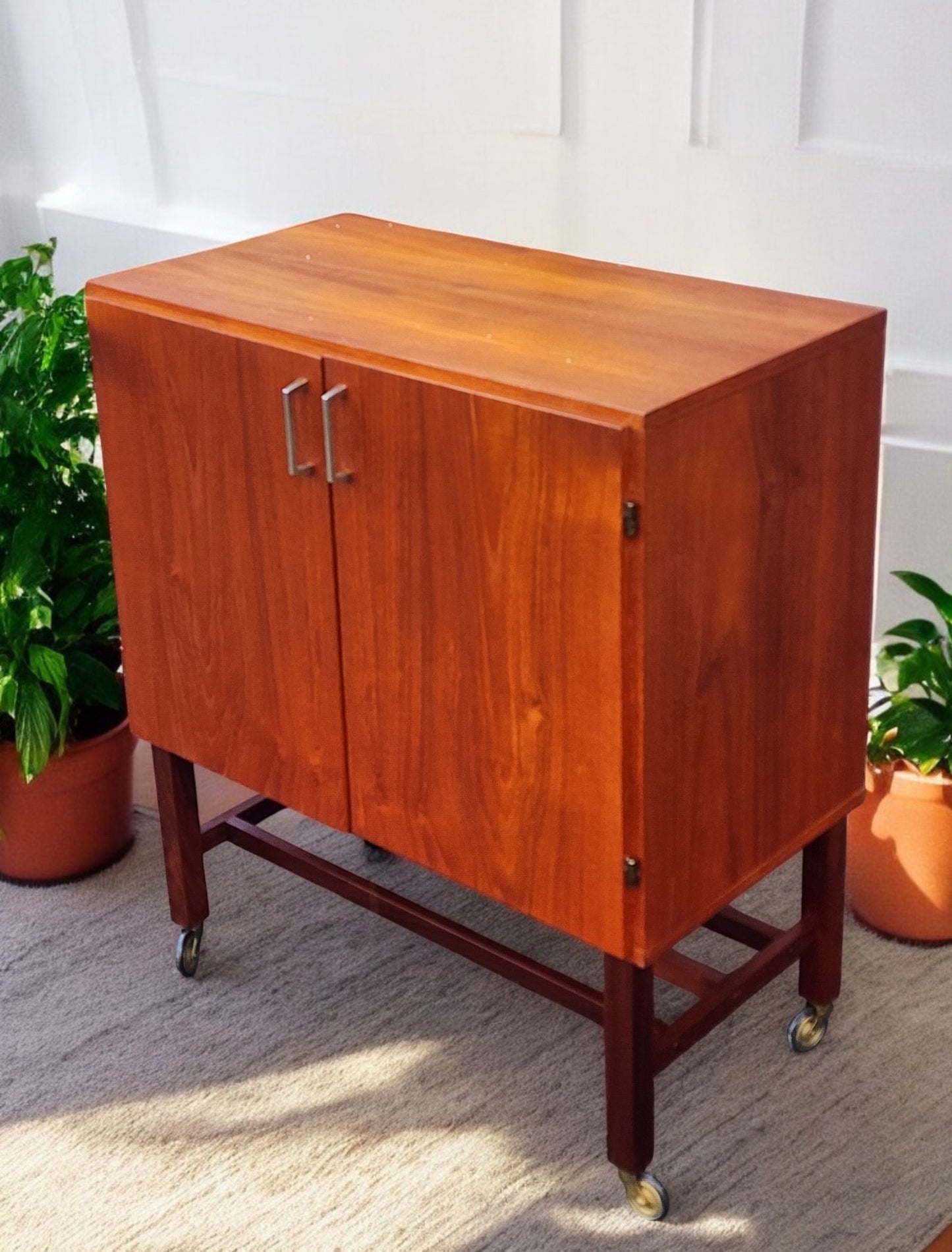 REFINISHED Swedish Mid Century Modern Teak Record Cabinet on Casters