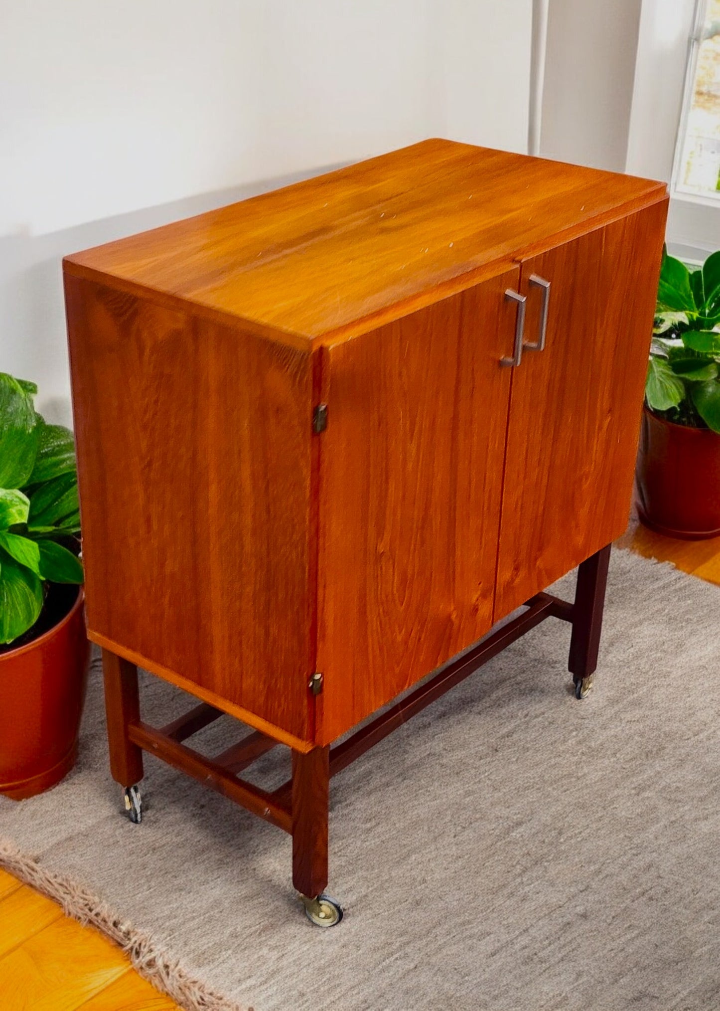 REFINISHED Swedish Mid Century Modern Teak Record Cabinet on Casters