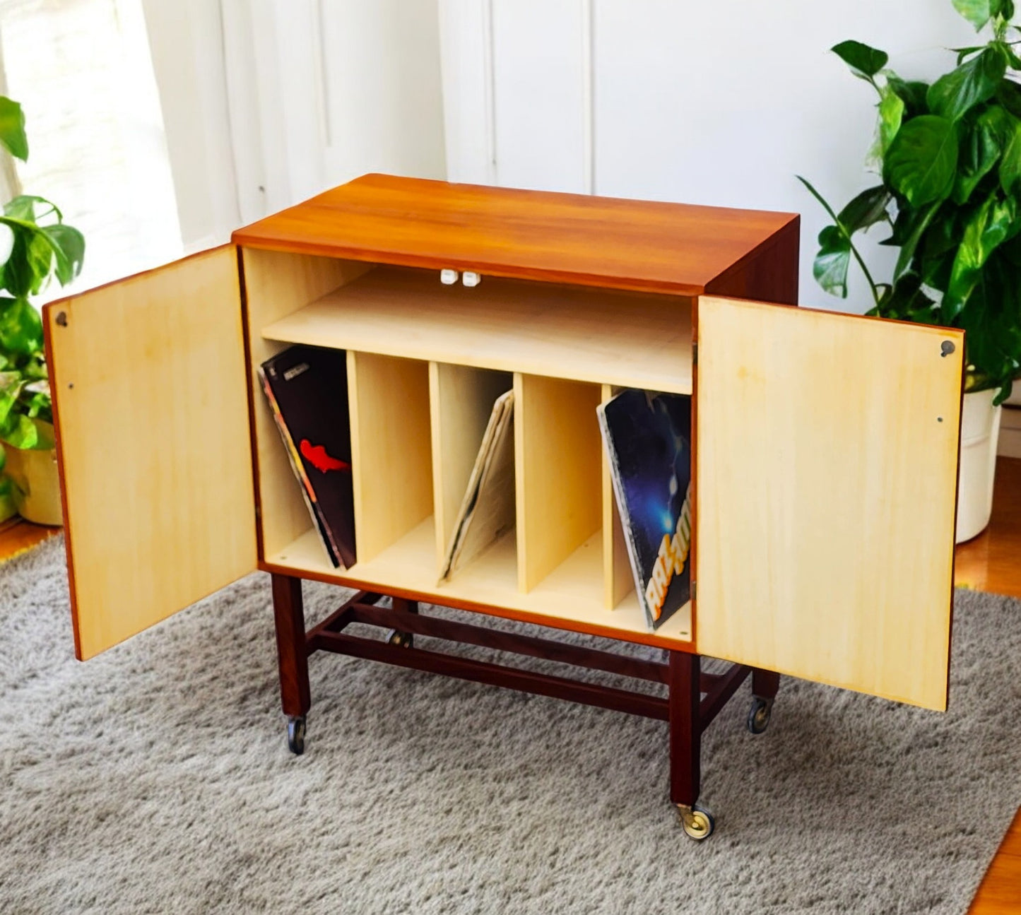 REFINISHED Swedish Mid Century Modern Teak Record Cabinet on Casters