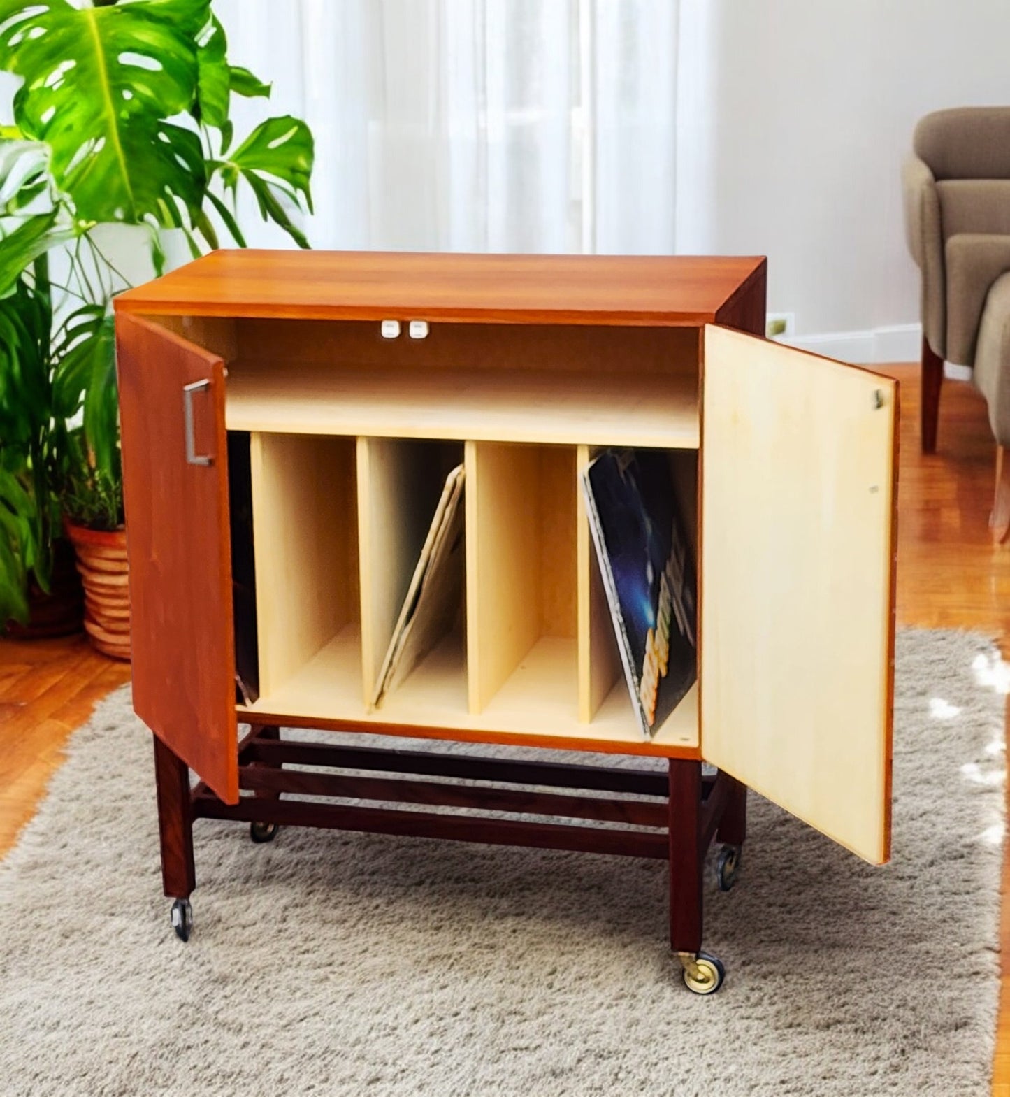 REFINISHED Swedish Mid Century Modern Teak Record Cabinet on Casters