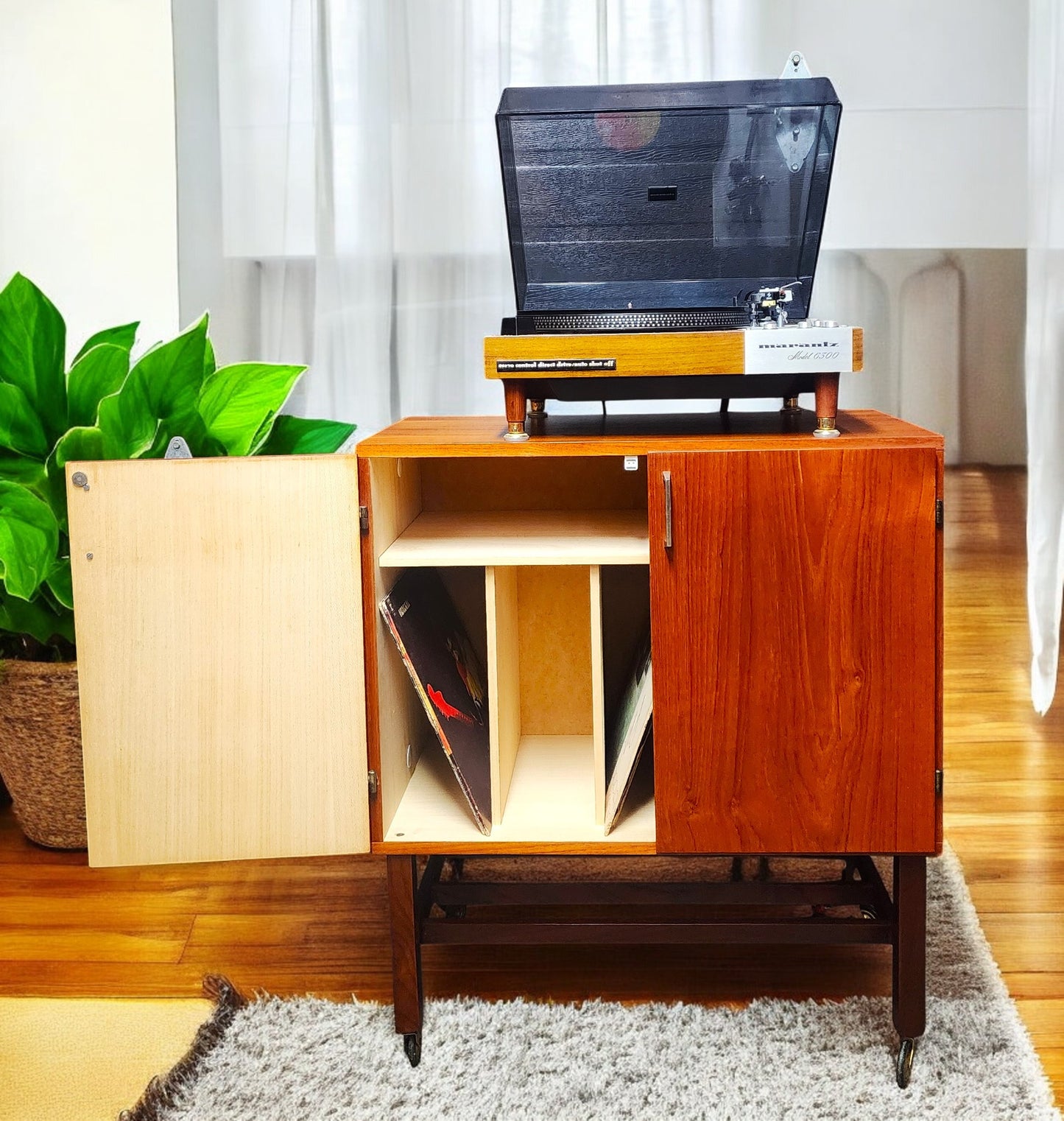 REFINISHED Swedish Mid Century Modern Teak Record Cabinet on Casters
