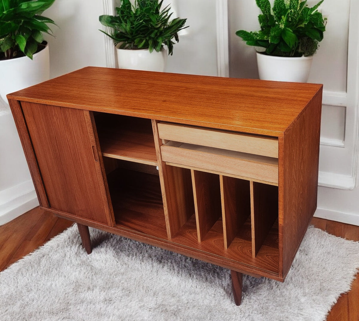 REFINISHED Danish Mid Century Modern Teak Record Tambour Cabinet 47