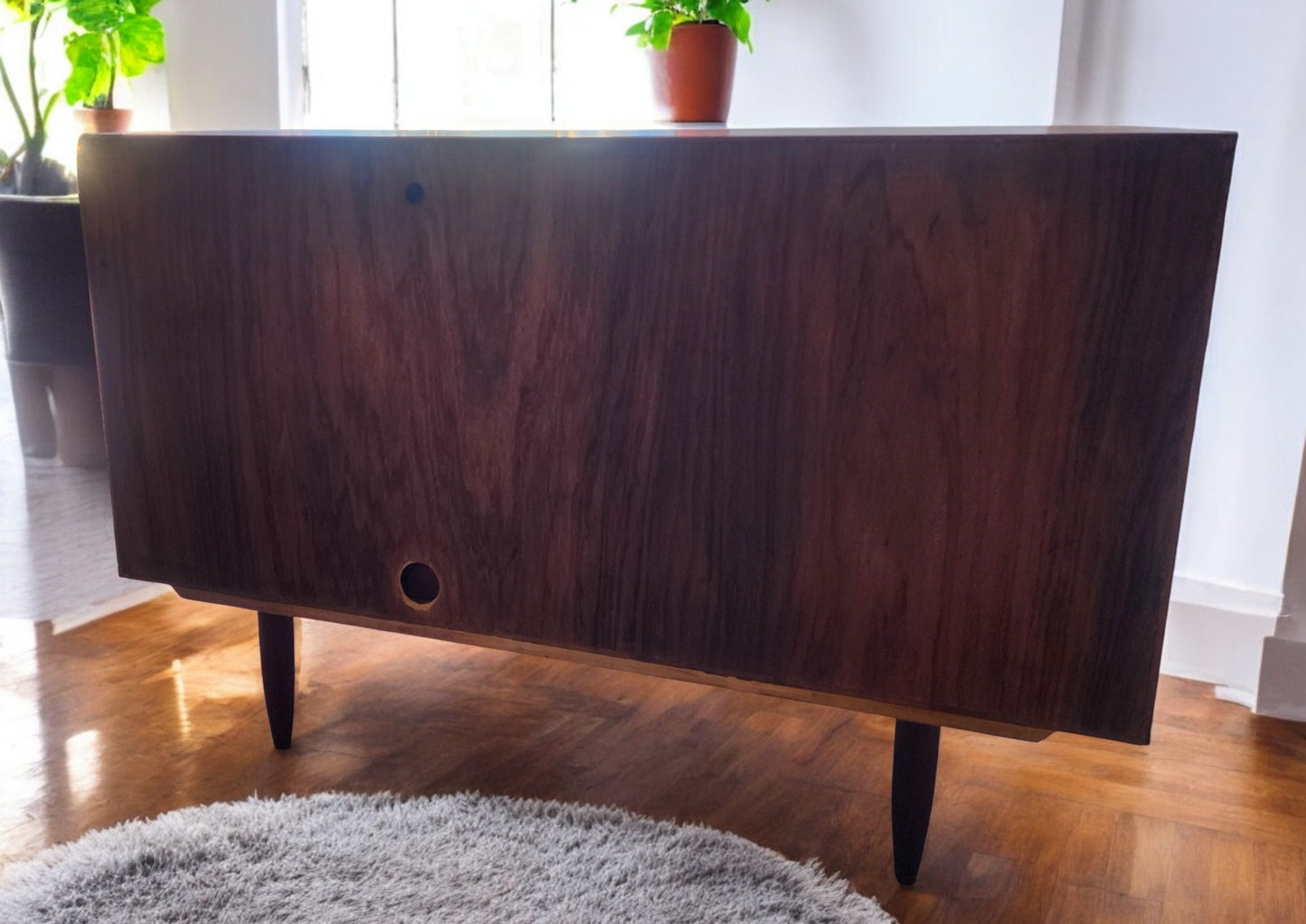 REFINISHED Danish Mid Century Modern Teak Record Tambour Cabinet 47"
