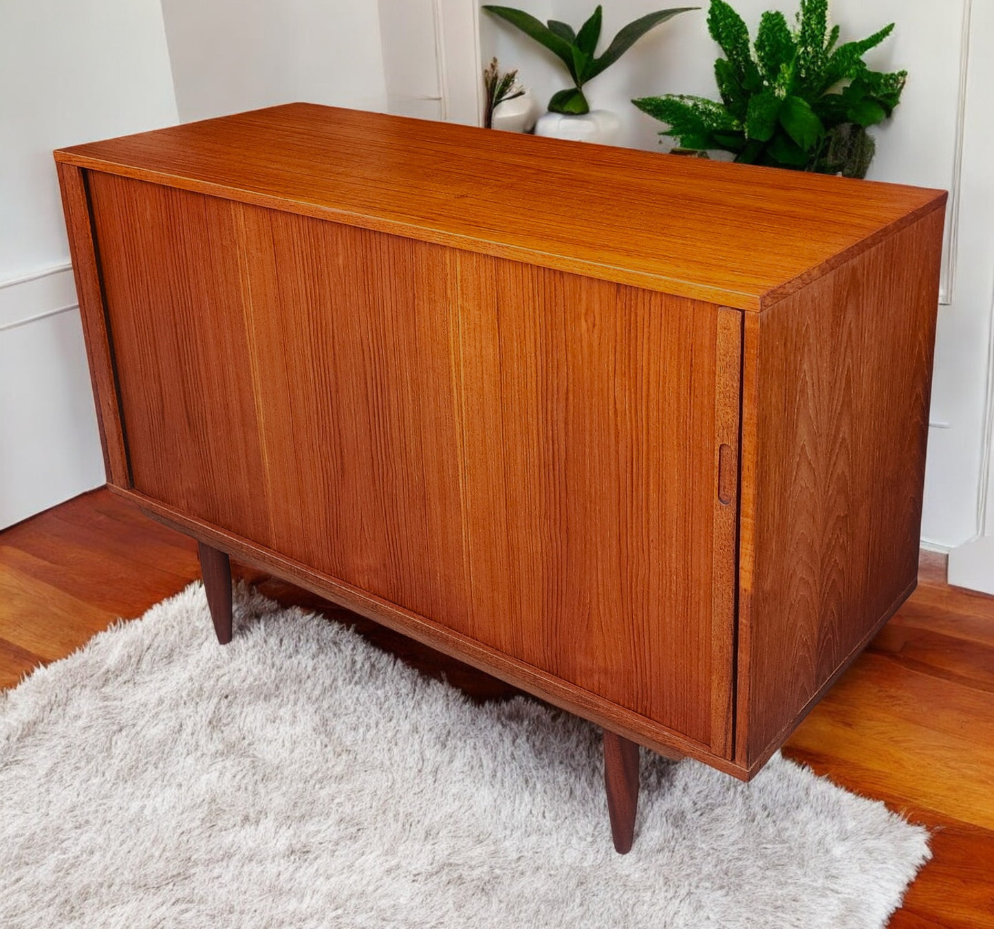 REFINISHED Danish Mid Century Modern Teak Record Tambour Cabinet 47"