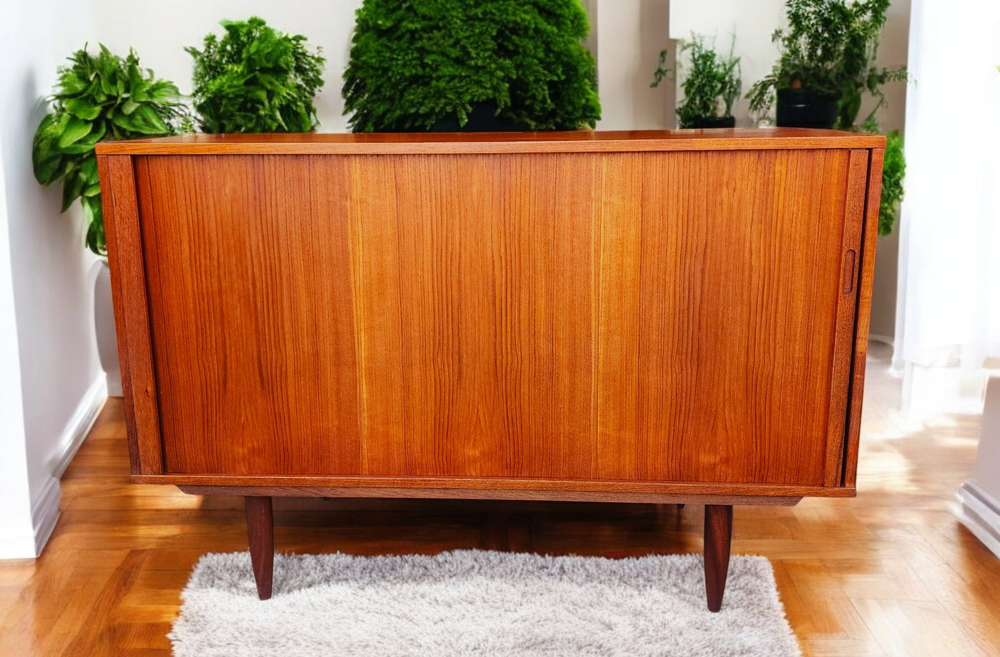 REFINISHED Danish Mid Century Modern Teak Record Tambour Cabinet 47"