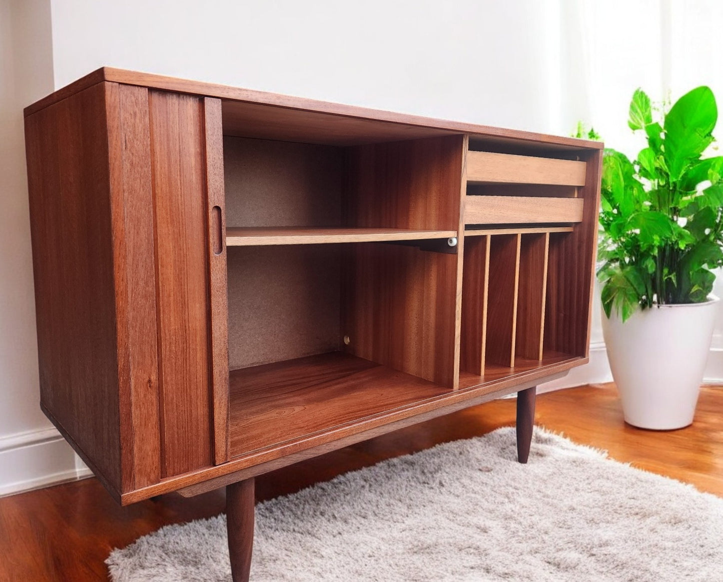 REFINISHED Danish Mid Century Modern Teak Record Tambour Cabinet 47"