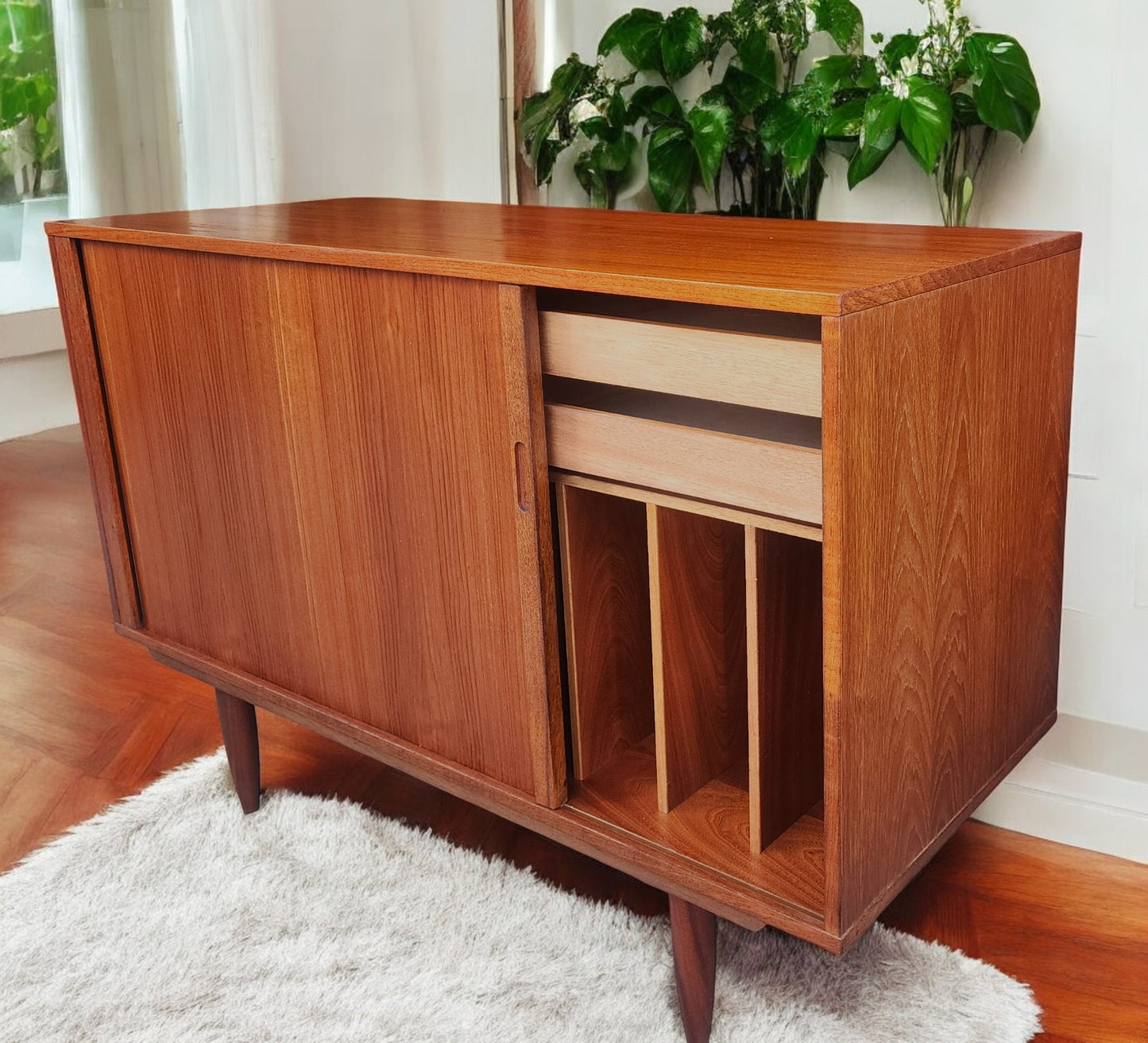 REFINISHED Danish Mid Century Modern Teak Record Tambour Cabinet 47"