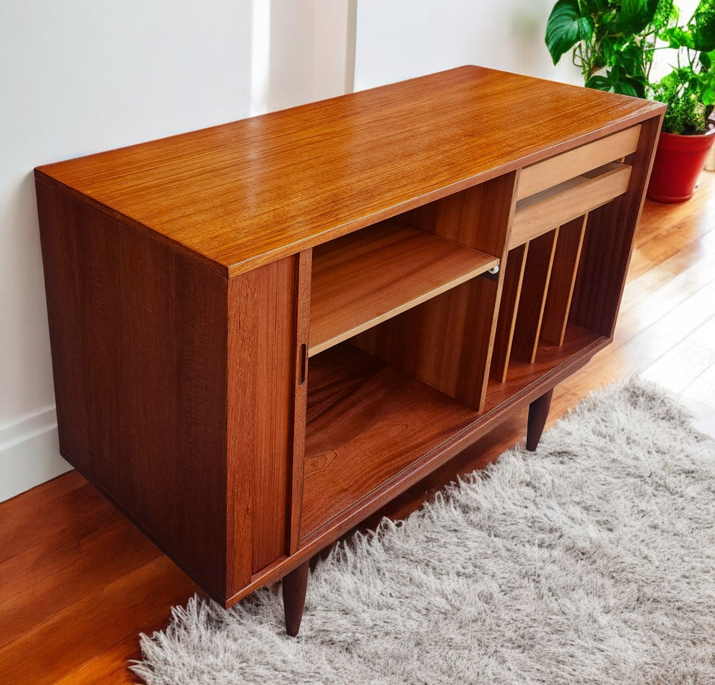 REFINISHED Danish Mid Century Modern Teak Record Tambour Cabinet 47"