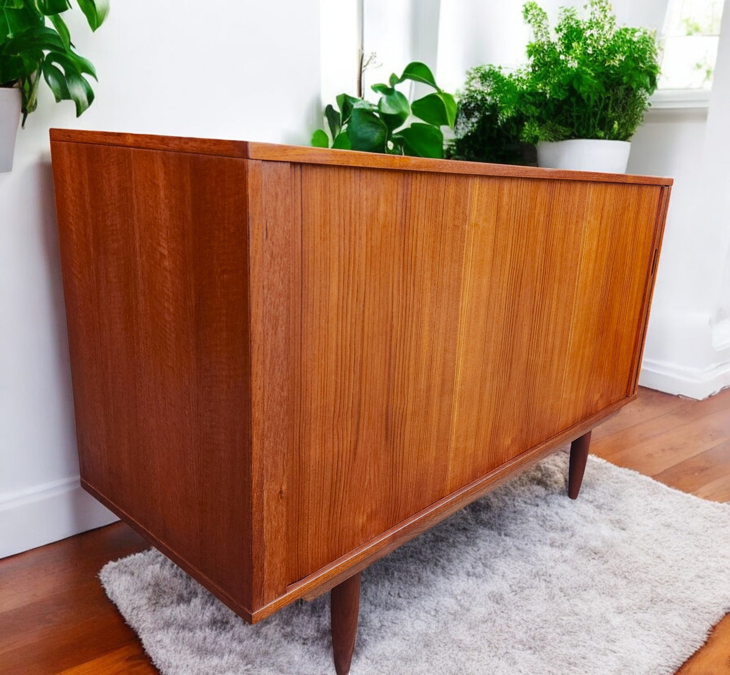 REFINISHED Danish Mid Century Modern Teak Record Tambour Cabinet 47"