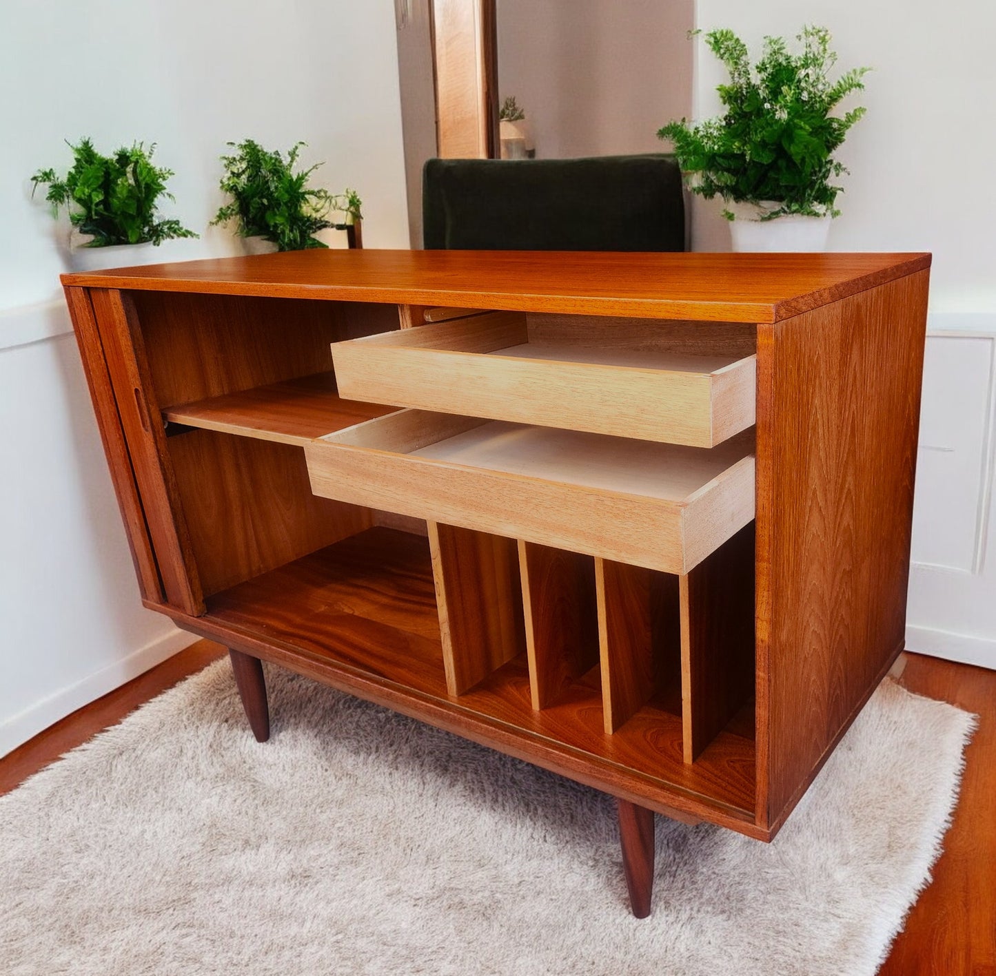 REFINISHED Danish Mid Century Modern Teak Record Tambour Cabinet 47"
