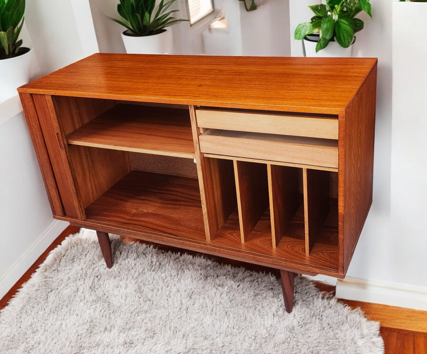 REFINISHED Danish Mid Century Modern Teak Record Tambour Cabinet 47"