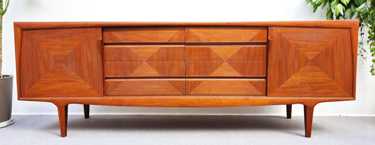 REFINISHED Mid Century Modern Teak Buffet w Geometrical Inlays & Lighting, 94"