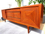 REFINISHED Mid Century Modern Teak Buffet w Geometrical Inlays & Lighting, 94