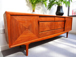 REFINISHED Mid Century Modern Teak Buffet w Geometrical Inlays & Lighting, 94