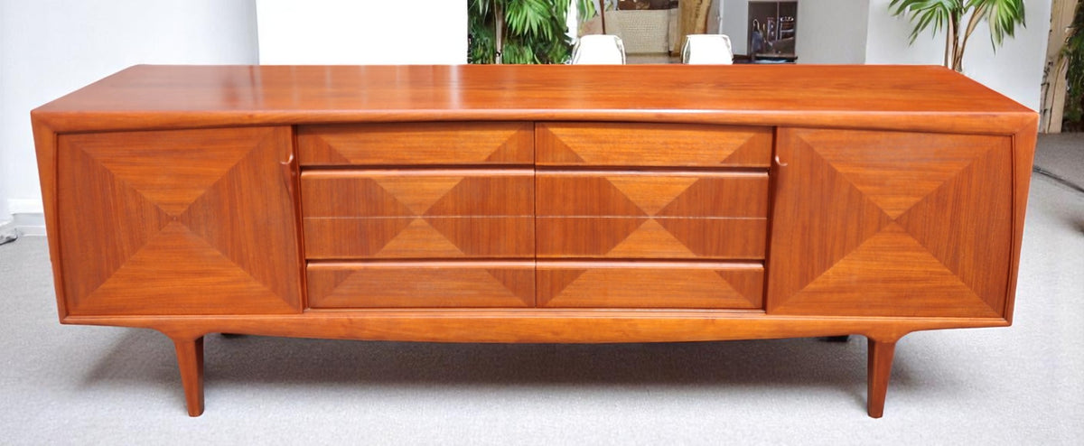 REFINISHED Mid Century Modern Teak Buffet w Geometrical Inlays & Lighting, 94