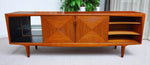 REFINISHED Mid Century Modern Teak Buffet w Geometrical Inlays & Lighting, 94