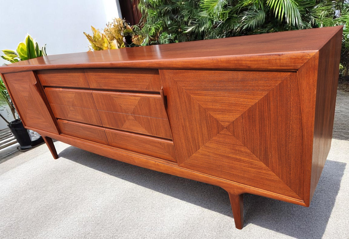 REFINISHED Mid Century Modern Teak Buffet w Geometrical Inlays & Lighting, 94