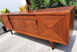 REFINISHED Mid Century Modern Teak Buffet w Geometrical Inlays & Lighting, 94