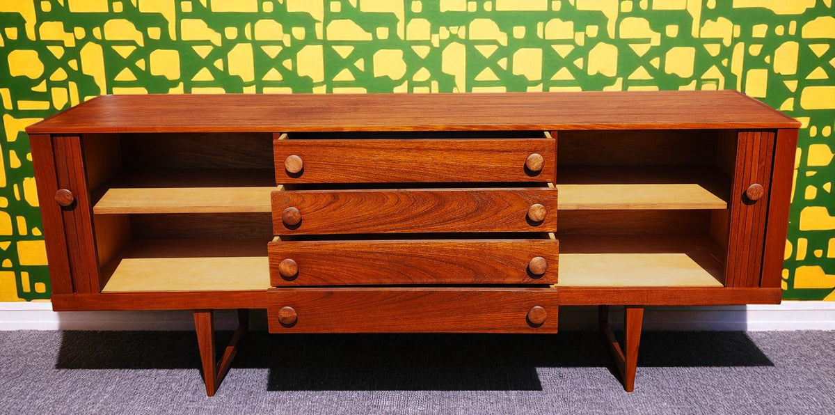 REFINISHED Mid Century Modern Teak Sideboard w Tambour Doors  84