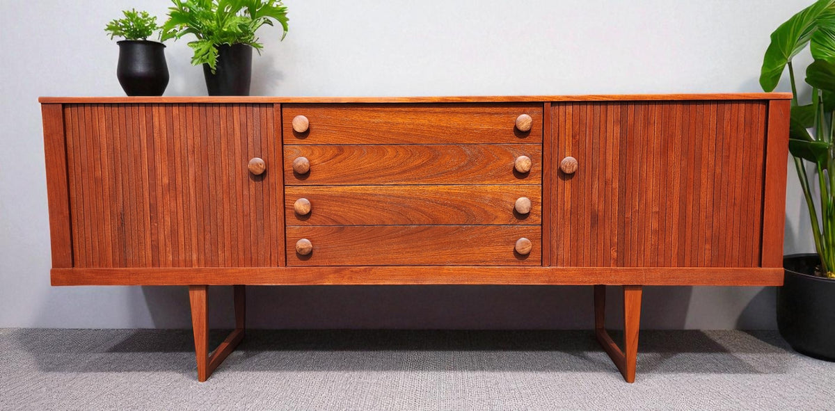 REFINISHED Mid Century Modern Teak Sideboard w Tambour Doors  84