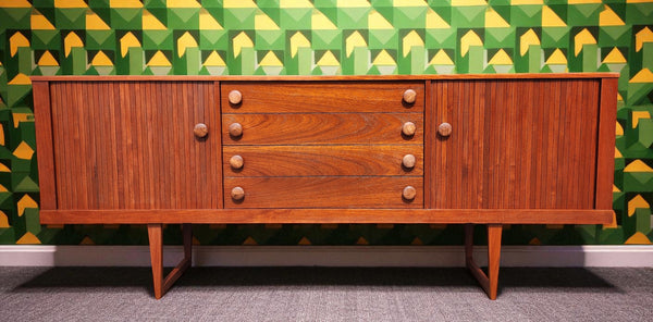REFINISHED Mid Century Modern Teak Sideboard w Tambour Doors  84"