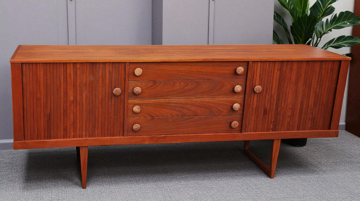 REFINISHED Mid Century Modern Teak Sideboard w Tambour Doors  84
