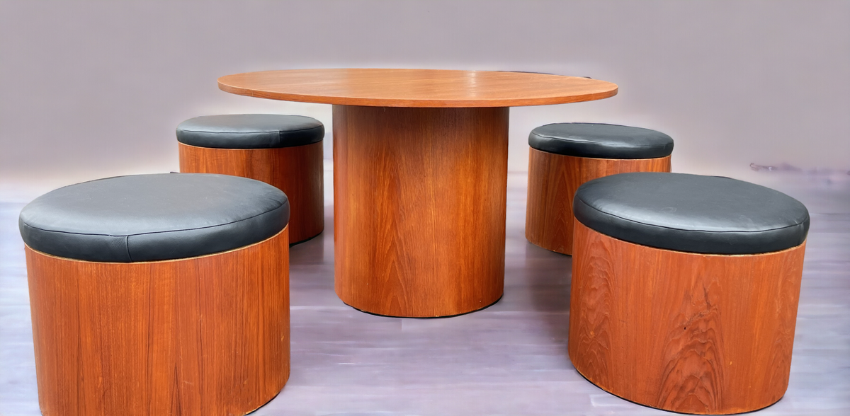 REFINISHED Mid Century Modern Teak Low Table & 4 REUPHOLSTERED Stools by  RS Associates