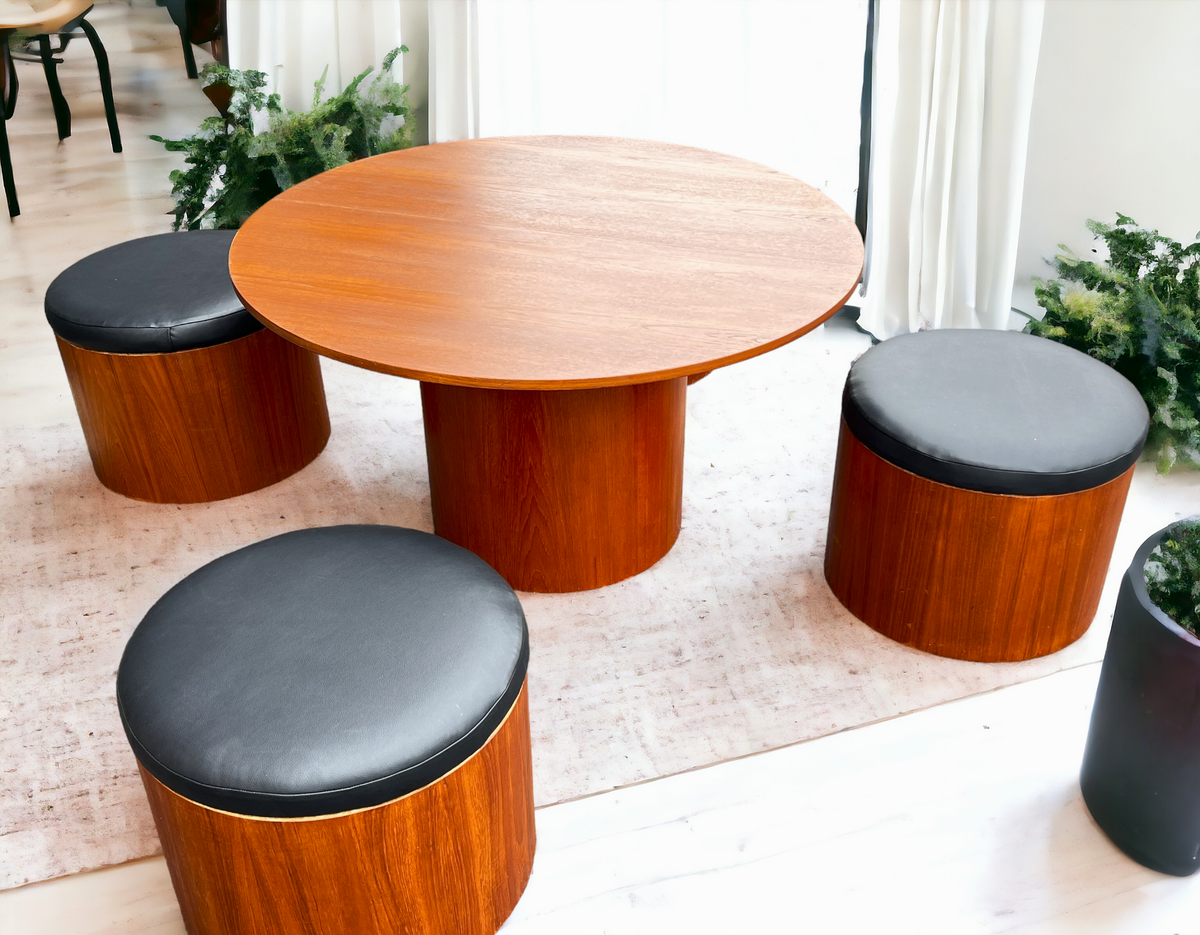 REFINISHED Mid Century Modern Teak Low Table & 4 REUPHOLSTERED Stools by  RS Associates