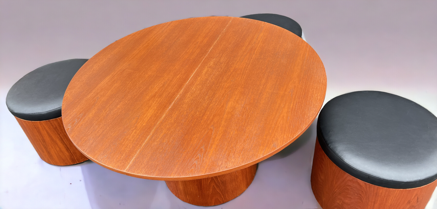REFINISHED Mid Century Modern Teak Low Table & 4 REUPHOLSTERED Stools by  RS Associates