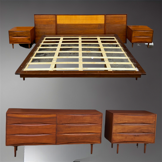 REFINISHED Mid Century Modern Walnut & Cane Bed King, 2 Dressers, 2 Nightstands