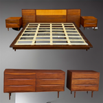 REFINISHED Mid Century Modern Walnut & Cane Bed King, 2 Dressers, 2 Nightstands 1