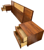 REFINISHED Mid Century Modern Walnut & Cane Bed King, 2 Dressers, 2 Nightstands 5