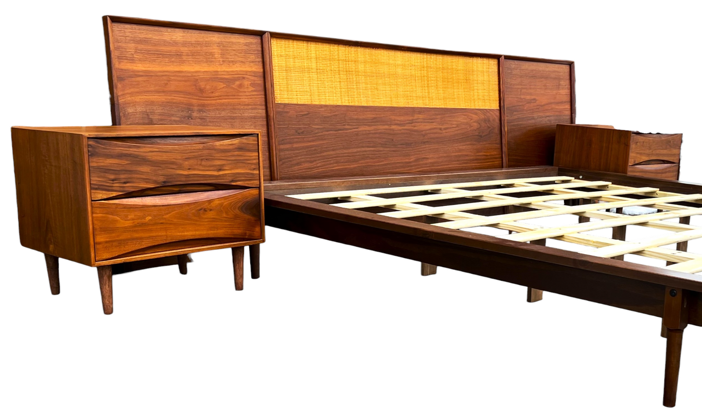 REFINISHED Mid Century Modern Walnut & Cane Bed King, 2 Dressers, 2 Nightstands