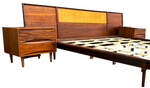 REFINISHED Mid Century Modern Walnut & Cane Bed King, 2 Dressers, 2 Nightstands 2