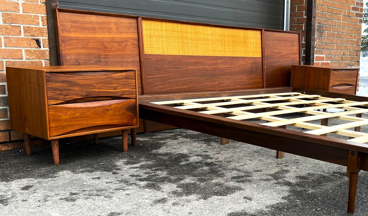 REFINISHED Mid Century Modern Walnut & Cane Bed King, 2 Dressers, 2 Nightstands